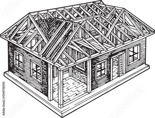 Detailed black and white illustration of a house under construct