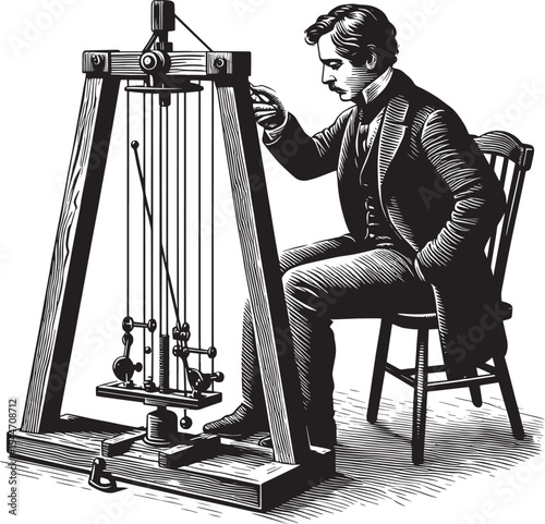 Vintage scientific investigation: A man meticulously calibrating