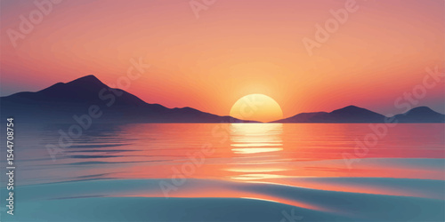 Orange sunlight reflects beautifully on the water's surface as the sun dips below the horizon, painting the evening sky with vibrant hues over the calm sea