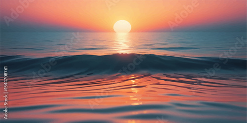 Orange clouds streak across the evening sky as the sun dips below the horizon, casting a fiery reflection over the tranquil sea and distant beach