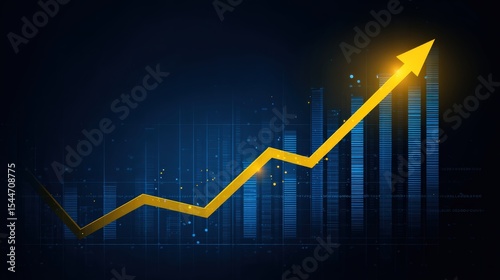 A digital graph with a yellow upward arrow representing growth, success, and financial progress against a dark blue background with bar charts and data elements.