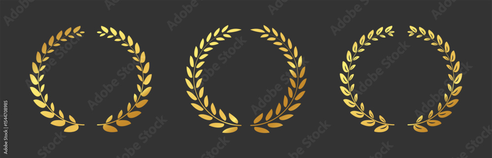 Obraz premium Gold laurel wreaths. Circular awards with leaf frame decoration. Ranking, trophy design elements on black.