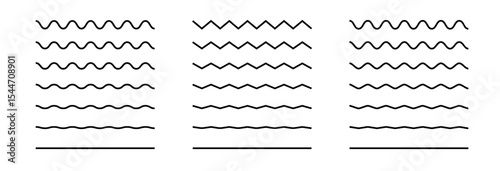Wavy and zigzag lines set. Horizontal wave patterns and undulating borders. Minimal vector symbols for water, wind. PNG