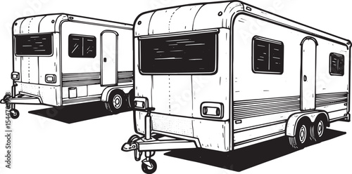 Black and White Illustration of Two Vintage Trailers Against a W