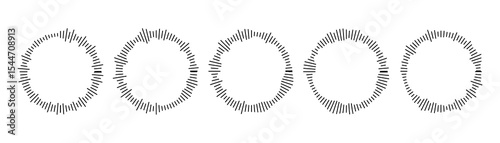 Vector radial wave pattern bundle. Circular sound and music lines forming equalizer rings. Abstract audio design elements for digital PNG