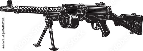 Detailed Monochrome Illustration of a Vintage Heavy Machine Gun