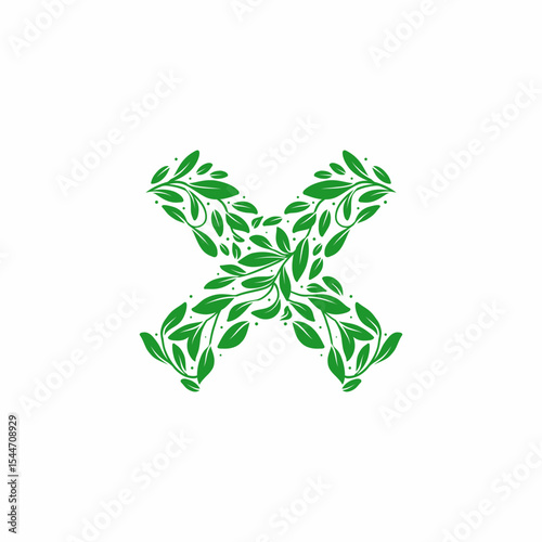 Eco friendly cross mark icon made from full of green leaves in shape form of x symbol