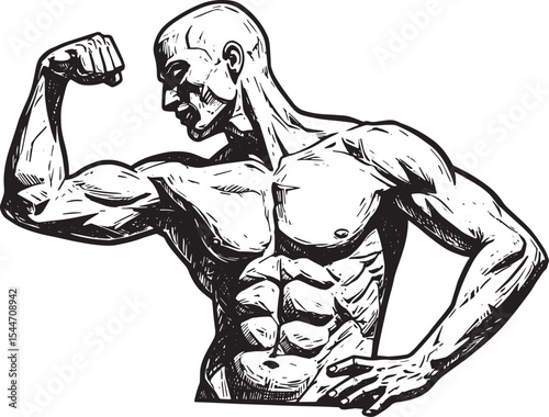 Illustration of a muscular man flexing his bicep in a black and