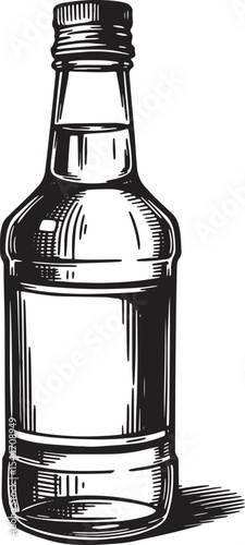 Monochrome illustration of a liquor bottle with detailed vintage
