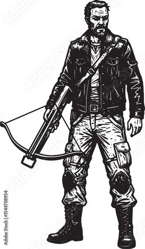 Illustration of a man in leather jacket holding a crossbow on wh