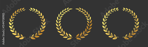 Gold laurel wreaths. Circular awards with leaf frame decoration. Ranking, trophy design elements on black.