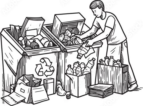 A man putting trash in a recycling bin to sort out waste for the
