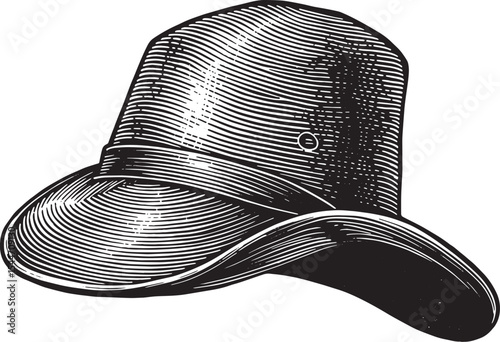 Detailed black and white illustration of a vintage hat against a