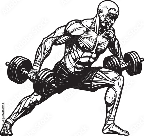 Anatomical illustration of a muscular man lifting dumbbells duri