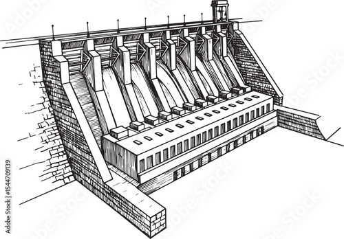 Detailed Black and White Ink Drawing of a Hydroelectric Dam with