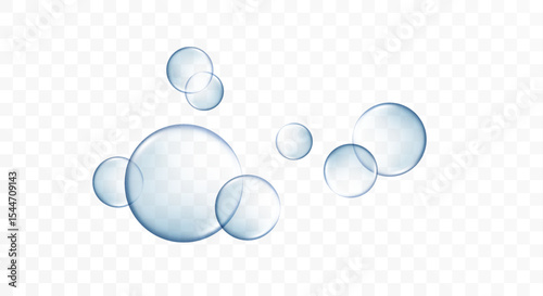 Blue glowing serum drops and bubbles. Hyaluronic acid or skincare essence spheres.