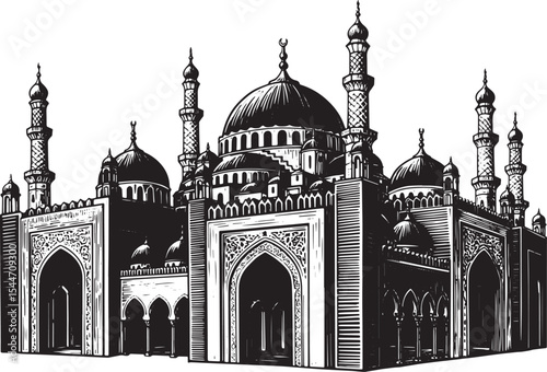 Detailed Black and White Illustration of a Grand Mosque Architec