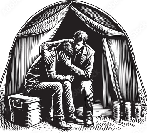 Compassionate support during crisis in monochromatic woodcut sty