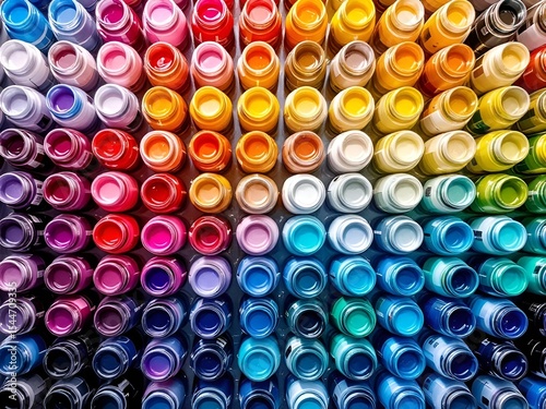 Array of colorful paint bottles displayed in a shop.