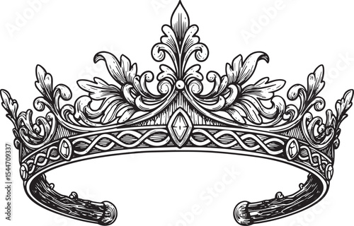 Intricate Black and White Illustration of a Royal Crown with Orn