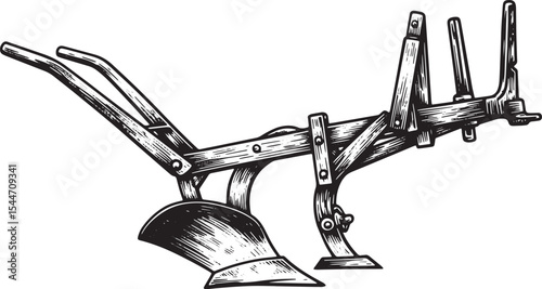 Detailed Black and White Illustration of an Antique Plow on a Wh