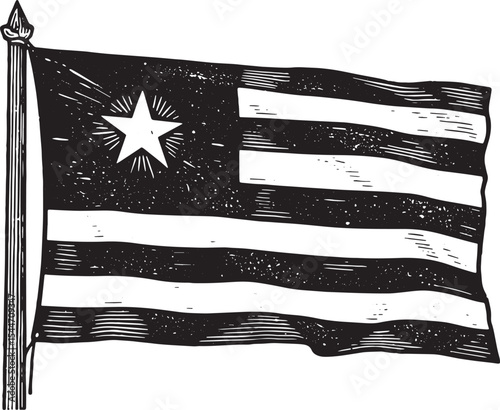 Vintage Black and White Illustration of an American Flag on Whit