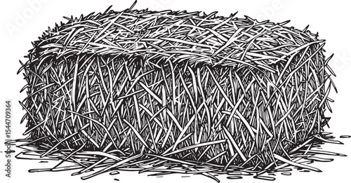 Detailed illustration of a hay bale in black and white against a