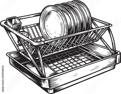 Dish Drying Rack with Plates Illustration in Black and White
