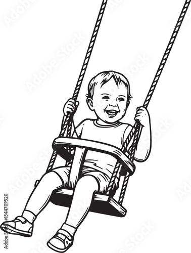 Happy baby on a swing enjoying the outdoors and smiling with joy