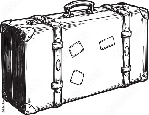 Vintage Suitcase Illustration: Black and White Drawing of a Trav