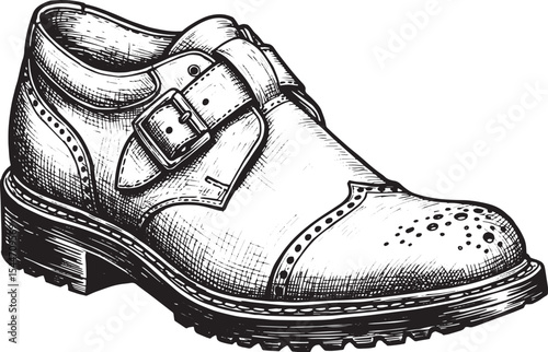 Detailed monochrome illustration of a stylish leather shoe with