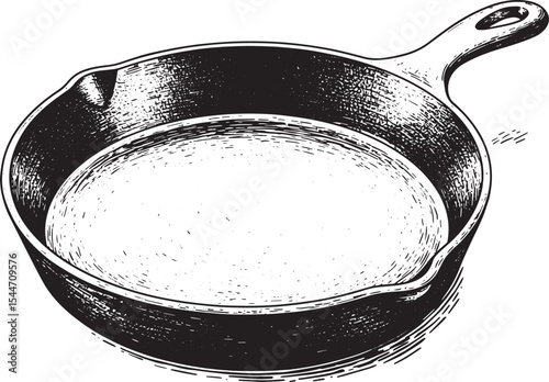Detailed black and white illustration of a cast iron skillet for