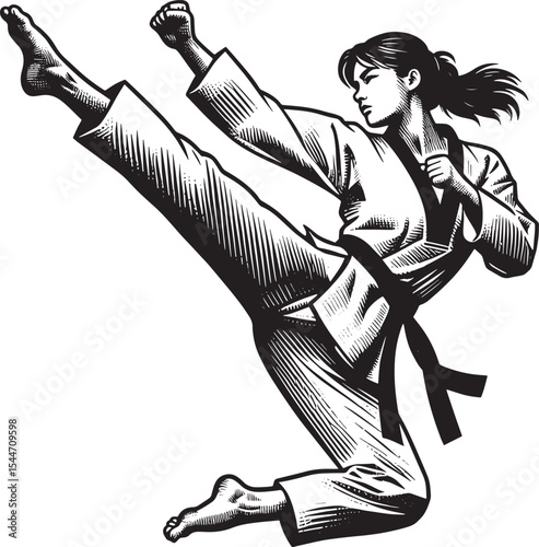Dynamic taekwondo female athlete mid-air kick in monochrome wood