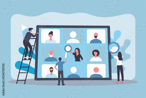 Hiring process illustration showing recruiters searching for candidates on a large screen with video conference profiles online recruitment concept