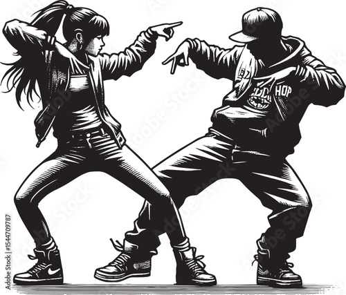 Dynamic hip-hop duo performing street dance in a woodcut style i
