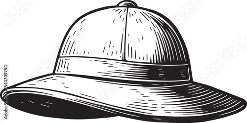 Vintage black and white illustration of a pith helmet against a