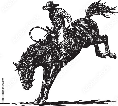 Black and White Illustration of a Cowboy Riding a Bucking Horse