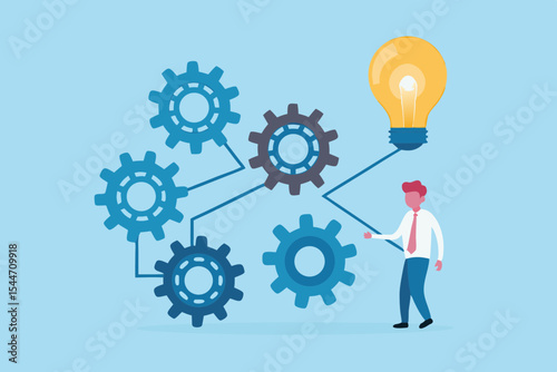 Business idea generation and problem solving concept with gears and lightbulb businessman connecting ideas innovation and teamwork vector illustration