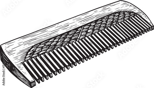 Detailed illustration of a wooden comb in a simple black and whi