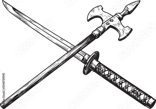 Illustration of a crossed sword and axe-like weapon on a white b