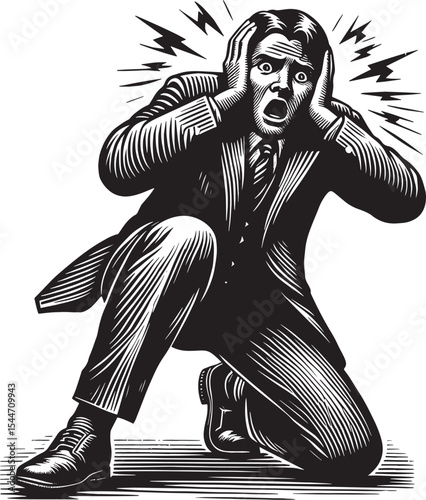 Distressed businessman reacts to sudden overwhelming auditory st