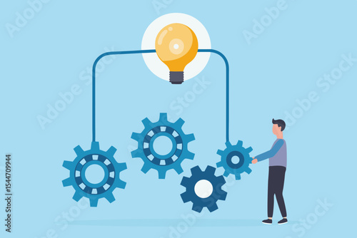 Man Turning Gears Connected to Lightbulb Concept of Innovation Problem Solving and Teamwork Flat Vector Illustration