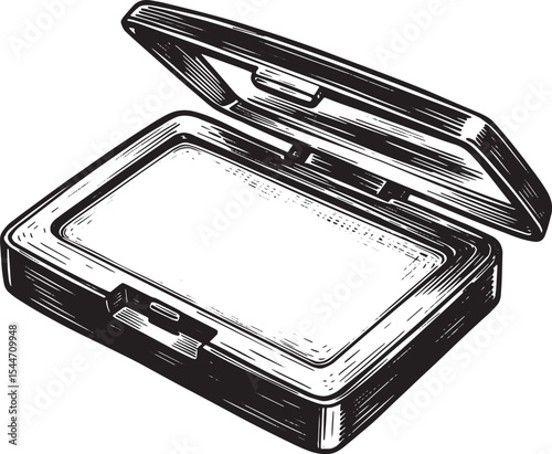 Detailed Black and White Illustration of an Open Compact Powder