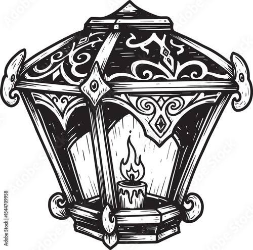 Detailed black and white illustration of a vintage lantern with