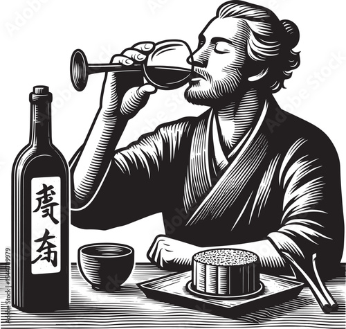 Monochrome illustration depicting a person savoring wine with tr