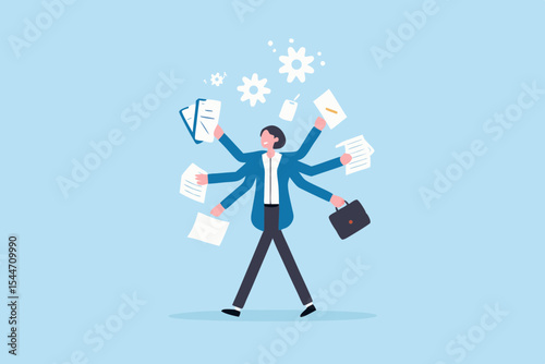 Overwhelmed Businesswoman with Multiple Arms Handling Tasks and Projects Illustrating Multitasking and Efficiency in a Modern Workplace