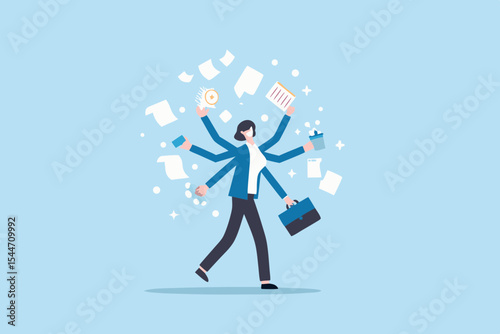 Multitasking Businesswoman with Many Arms Handling Tasks and Responsibilities Representing Efficiency and Productivity in a Fast Paced Work Environment