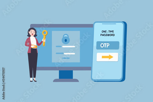 Woman with key using one time password for secure access on computer and mobile phone account security vector illustration