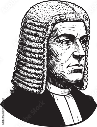 Detailed Illustration of a Judge in Traditional Attire and Wig a