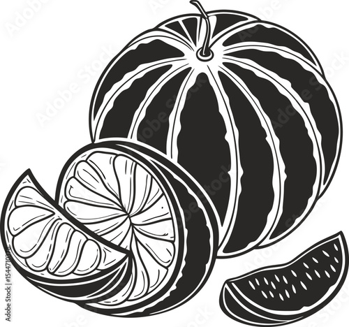 Fresh autumn harvest of pumpkin, orange, and citrus fruits with leafy accents